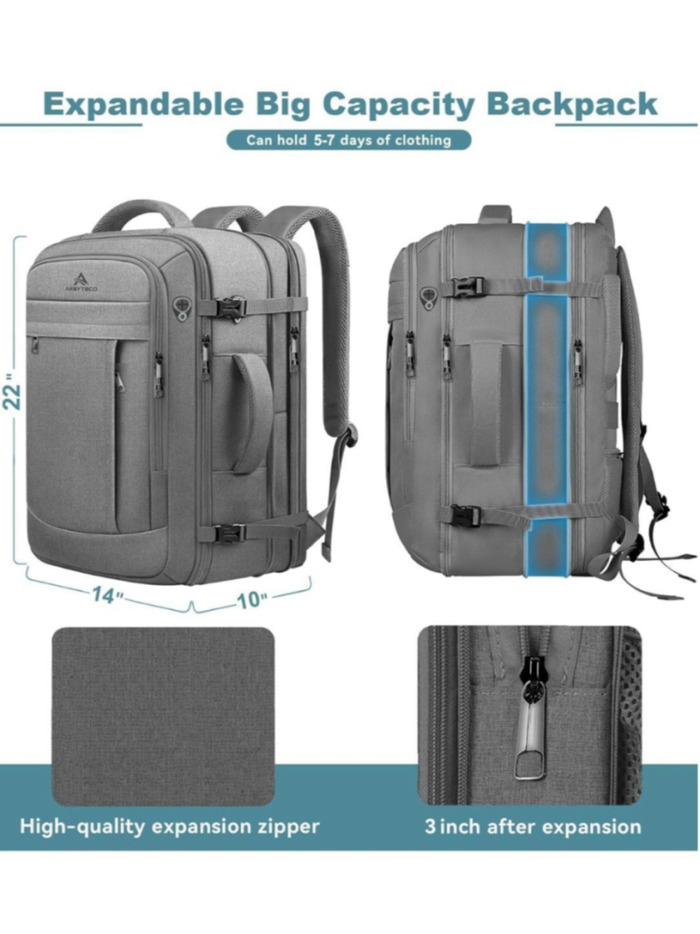 60L Extra Large Travel Laptop Backpack Expandable Carry On Waterproof Grey - Picture 2 of 5